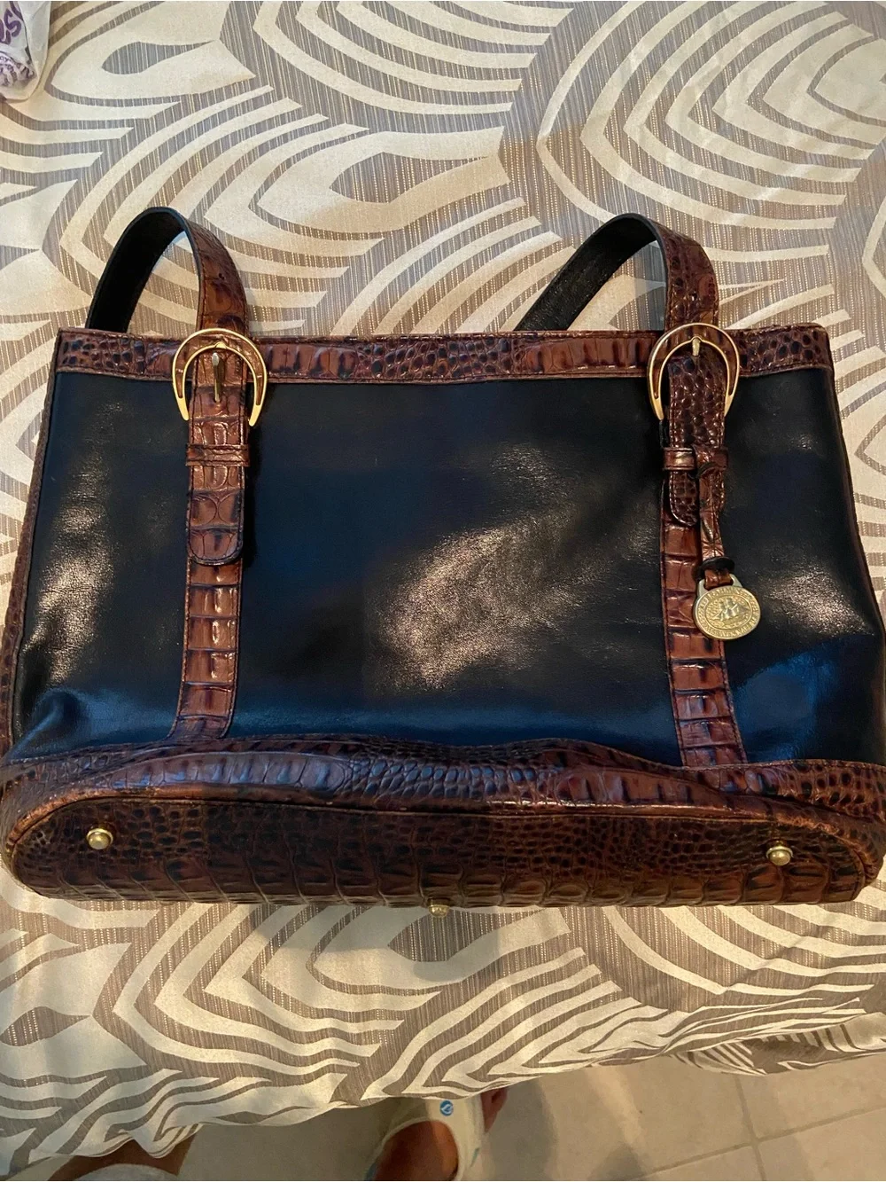 Brahmin Tuscan Collection Black & Brown Croc Embossed Leather Satchel Tote Bag